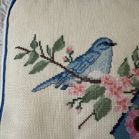 Vintage Bluebird Birdhouse Cross Stitch Pillow Eyelet Lace Ruffle Cottage Core - Picture 10 of 11